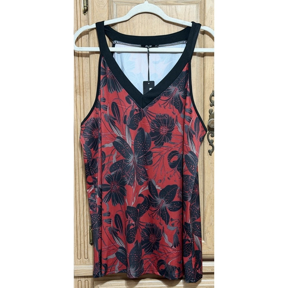 Lily by Firmiana Sleeveless Tank Top Women's Plus Size 1X Red Floral V Neckline